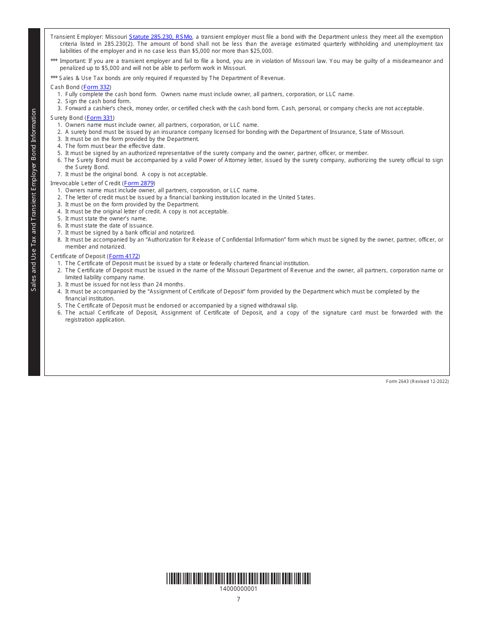 Form 2643 Missouri Tax Registration Application - Missouri, Page 9