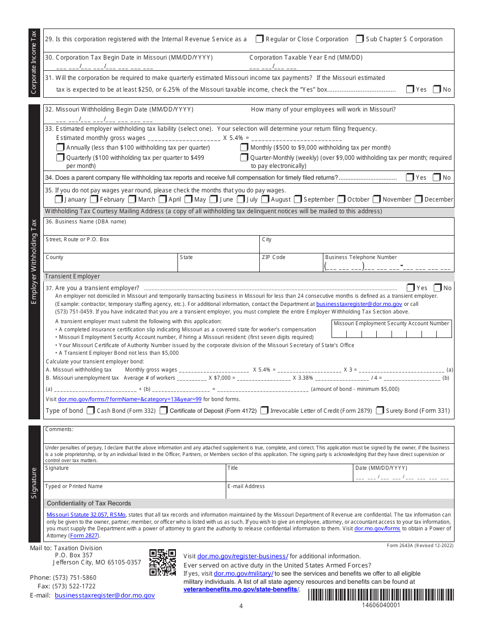 Form 2643A Missouri Tax Registration Application - Missouri, Page 4
