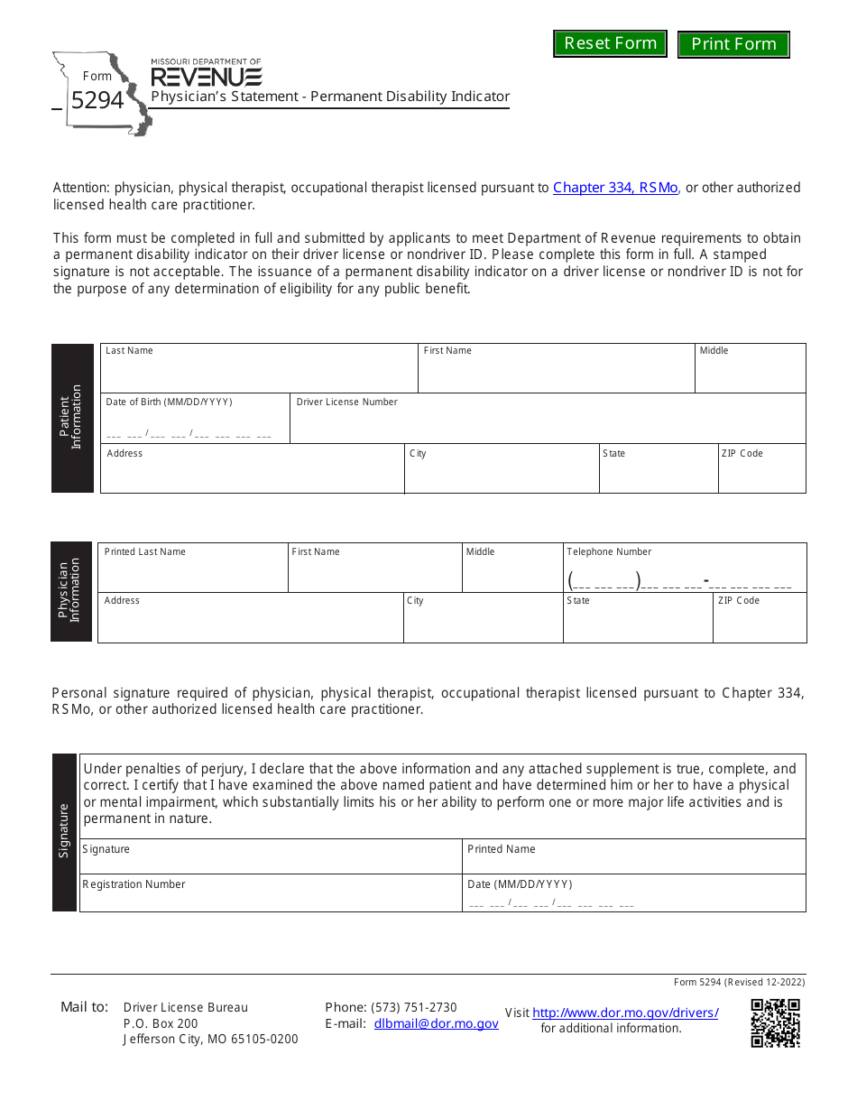 Form 5294 Physicians Statement - Permanent Disability Indicator - Missouri, Page 1