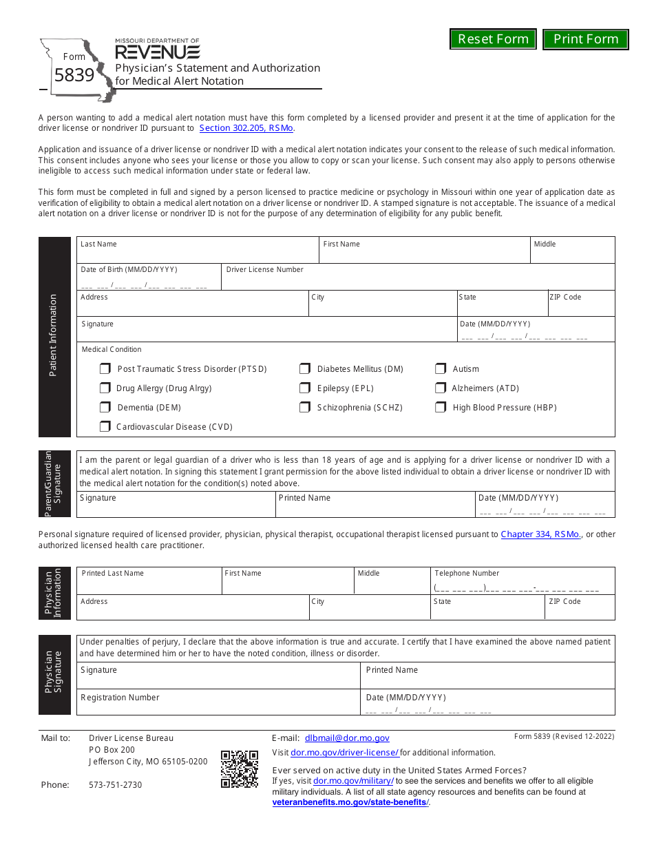 Form 5839 Physicians Statement and Authorization for Medical Alert Notation - Missouri, Page 1