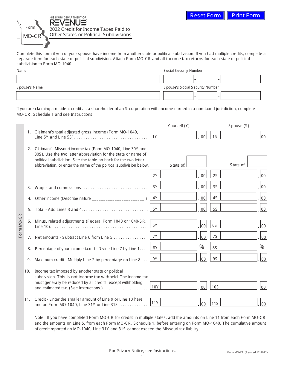 Form MO-CR Credit for Income Taxes Paid to Other States or Political Subdivisions - Missouri, Page 1