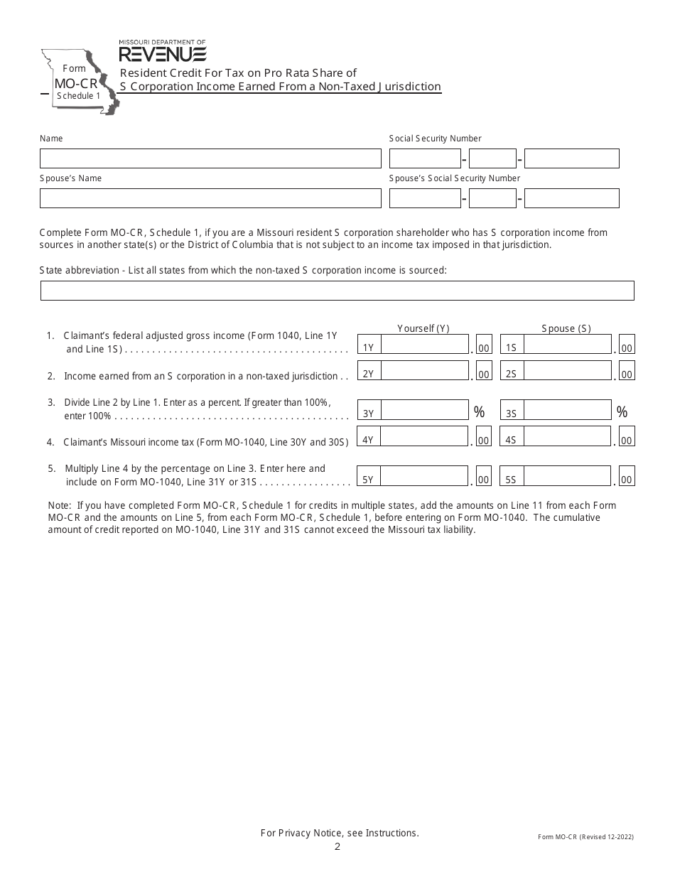 Form MO-CR Credit for Income Taxes Paid to Other States or Political Subdivisions - Missouri, Page 2