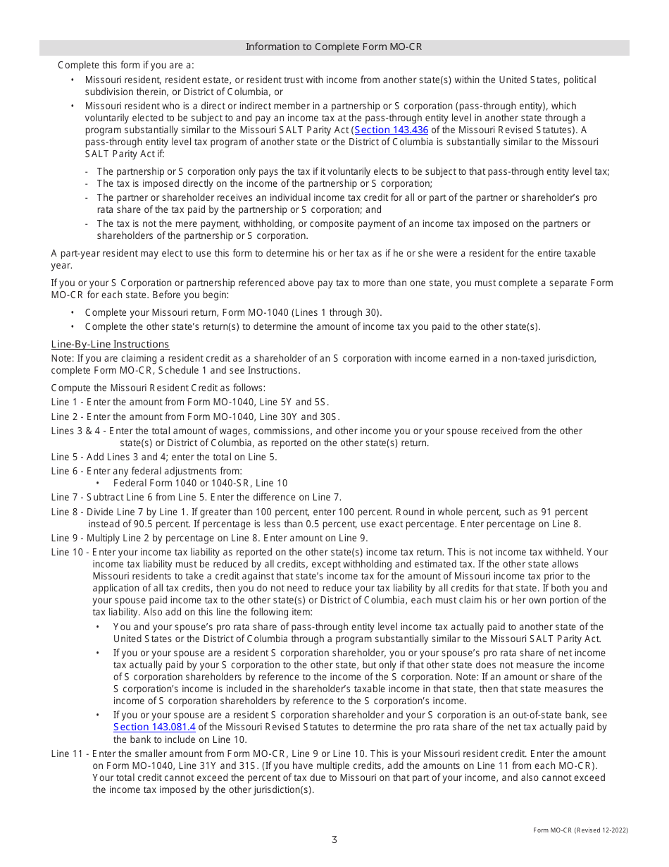 Form MO-CR Credit for Income Taxes Paid to Other States or Political Subdivisions - Missouri, Page 3