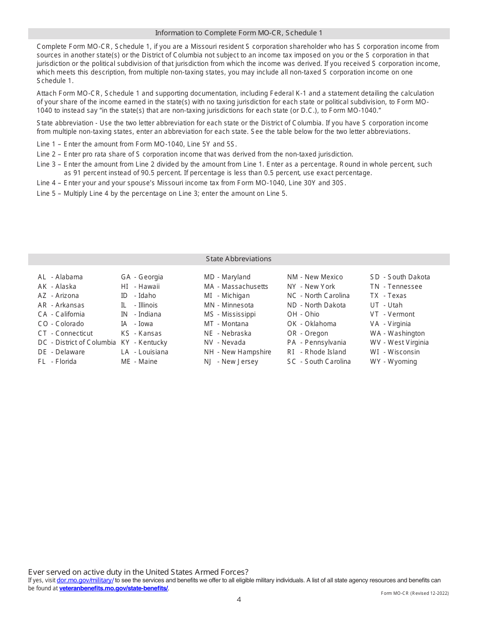 Form MO-CR Credit for Income Taxes Paid to Other States or Political Subdivisions - Missouri, Page 4