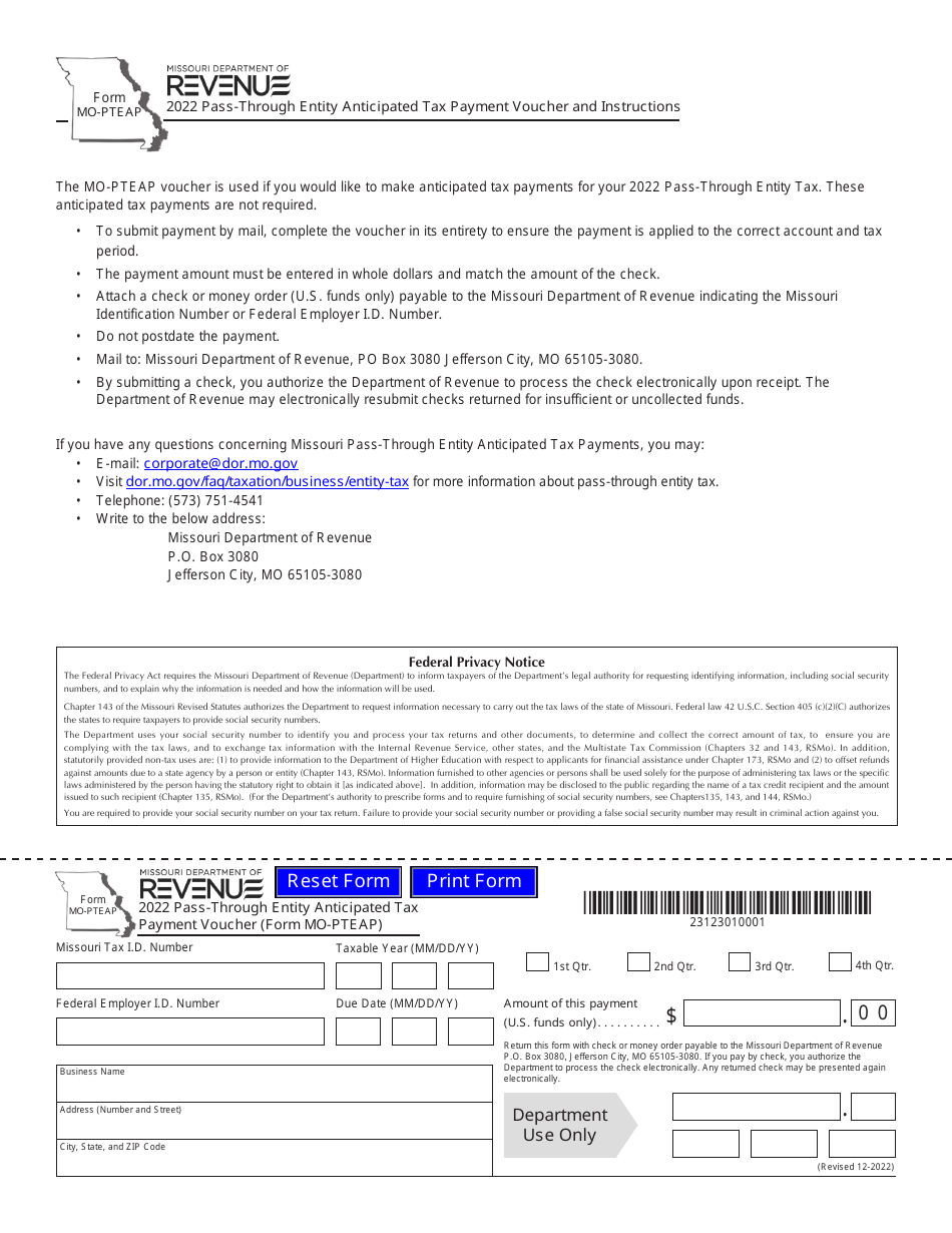 Form MO-PTEAP Pass-Through Entity Anticipated Tax Payment Voucher - Missouri, Page 1