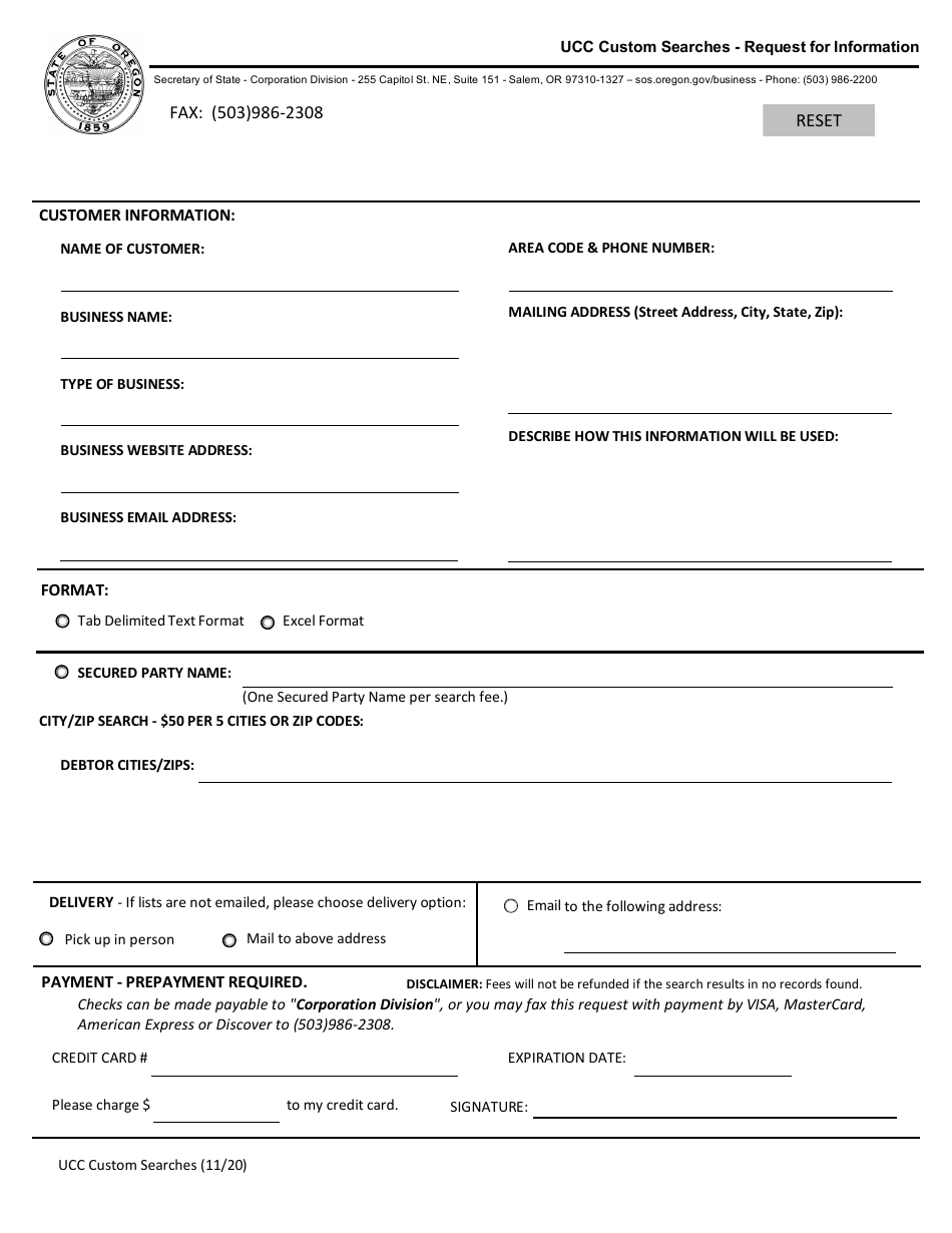 Ucc Custom Searches - Request for Information - Oregon, Page 1