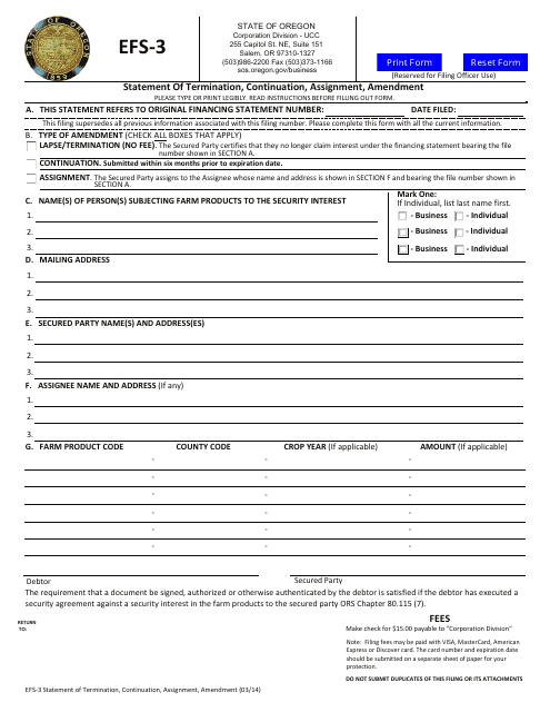 Form EFS-3 Statement of Termination, Continuation, Assignment, Amendment - Oregon