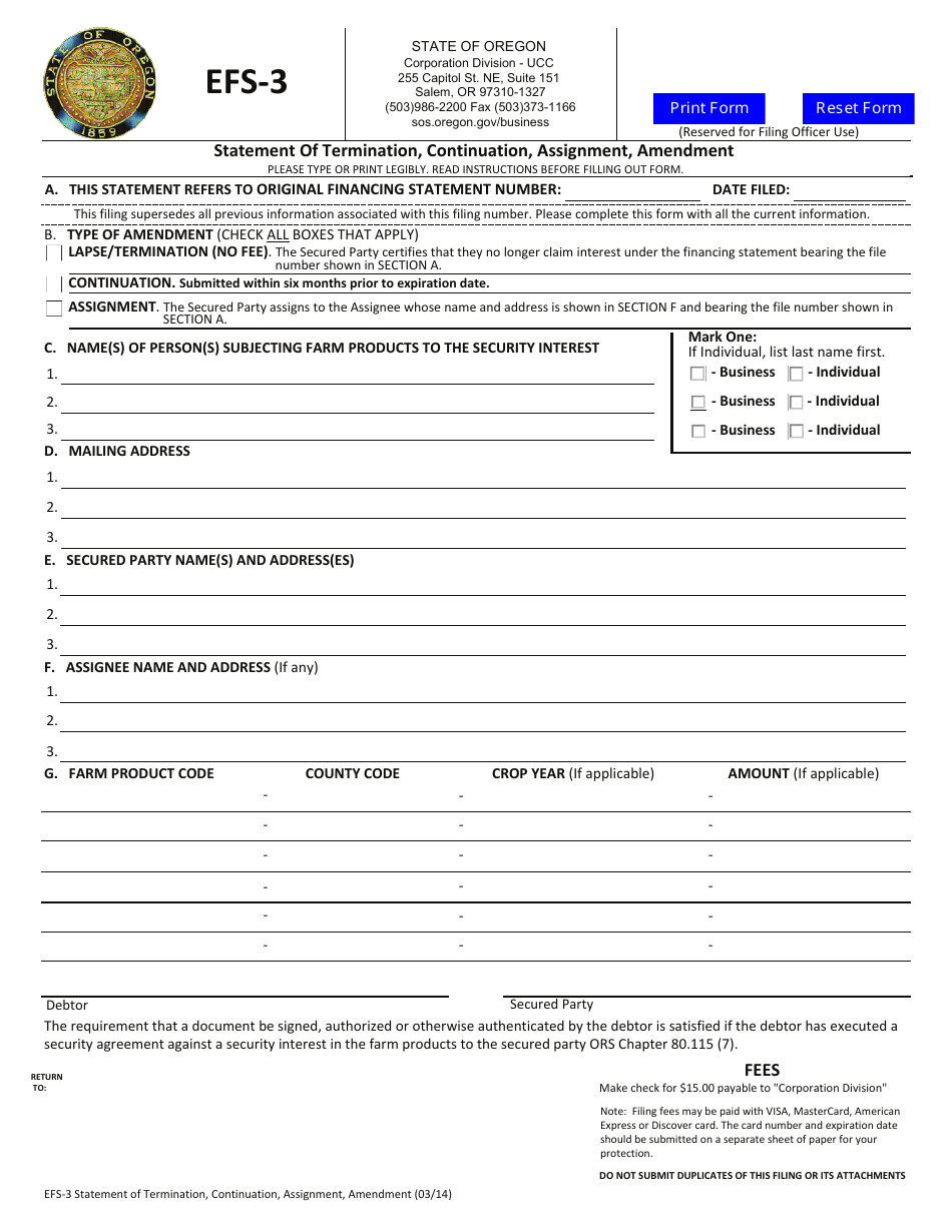 Form EFS-3 Statement of Termination, Continuation, Assignment, Amendment - Oregon, Page 1