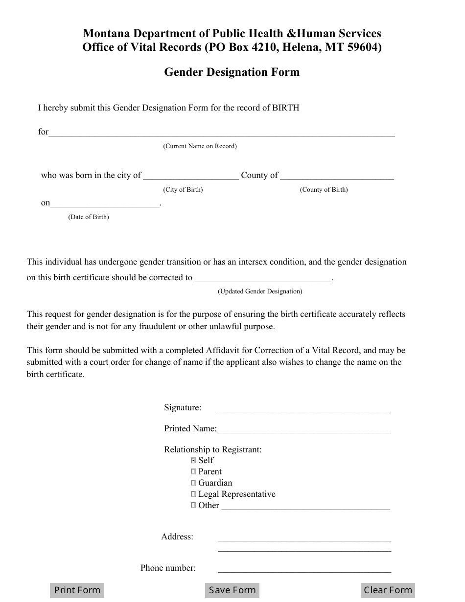 Gender Designation Form - Montana, Page 1
