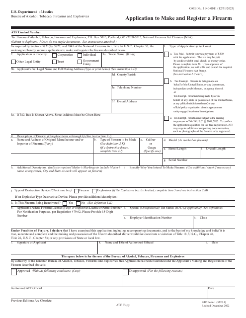 ATF Form 1 (5320.1) Application to Make and Register a Firearm