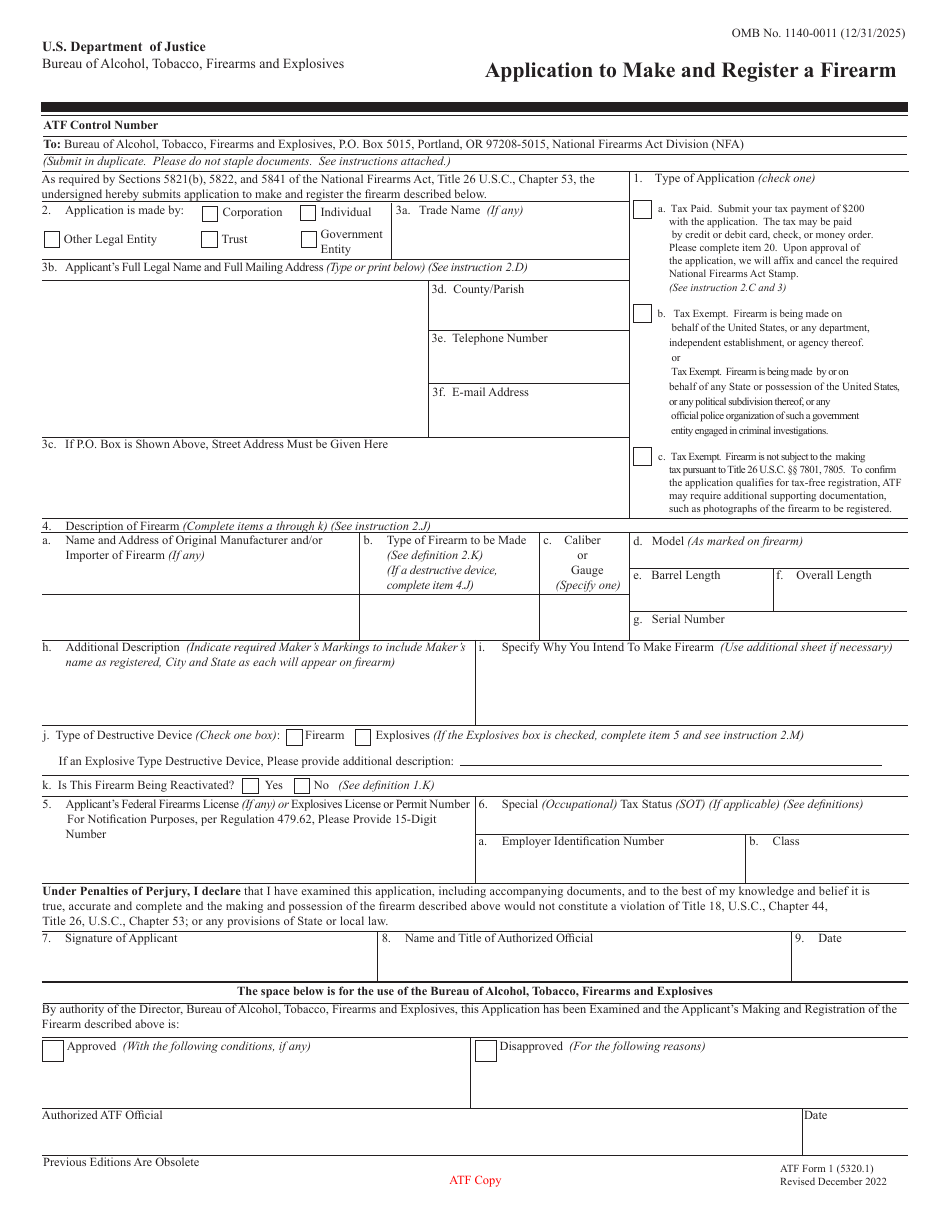 ATF Form 1 (5320.1) Application to Make and Register a Firearm, Page 1