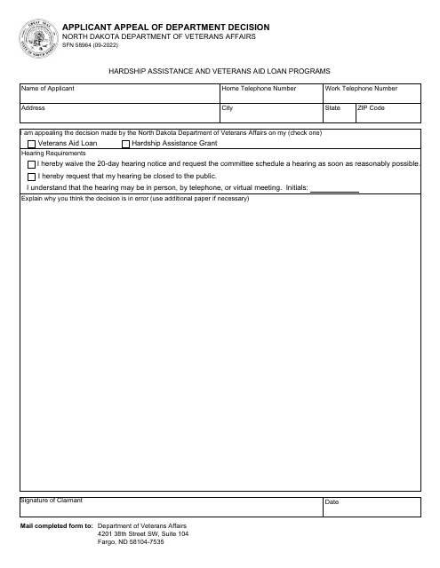 Form SFN58964 Applicant Appeal of Department Decision - North Dakota