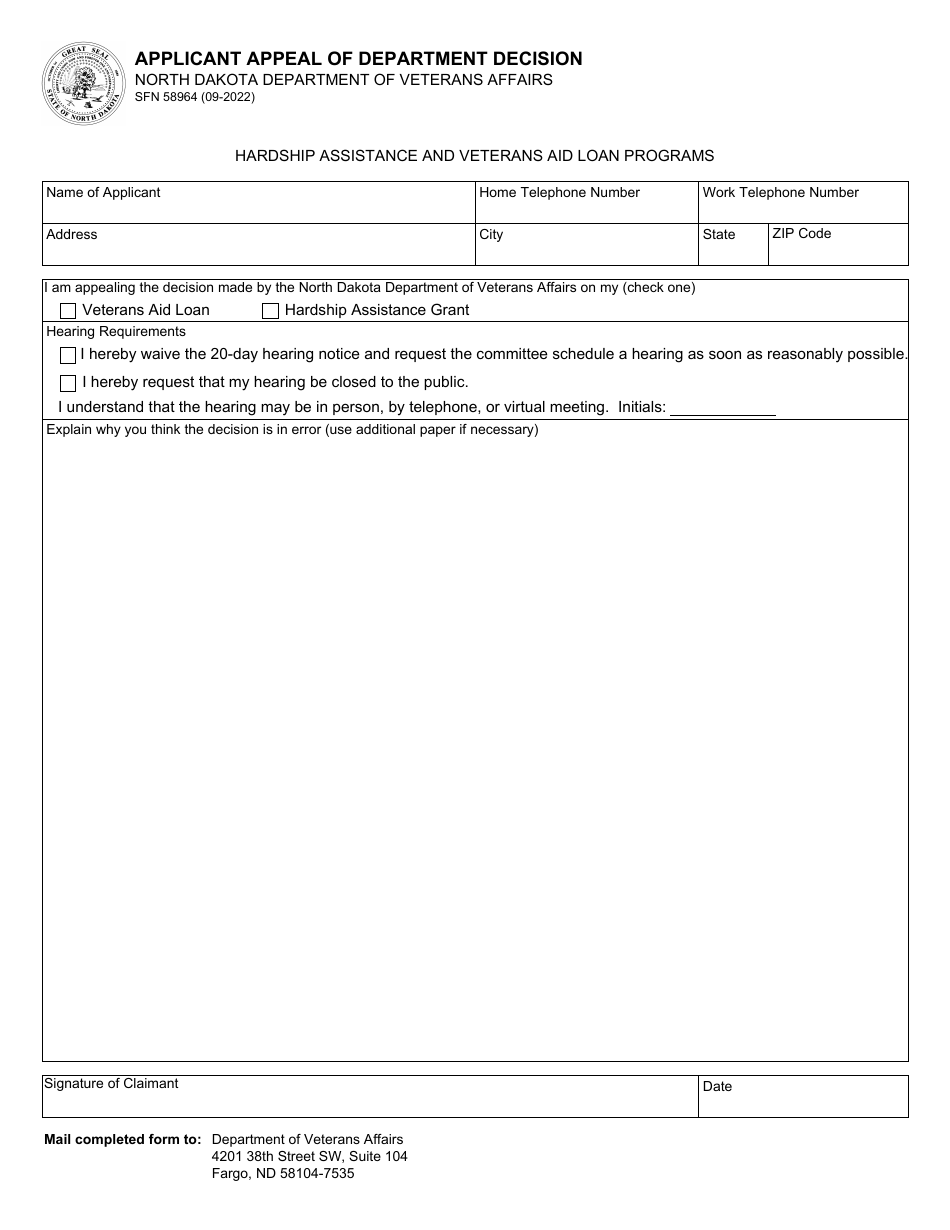Form SFN58964 Applicant Appeal of Department Decision - North Dakota, Page 1