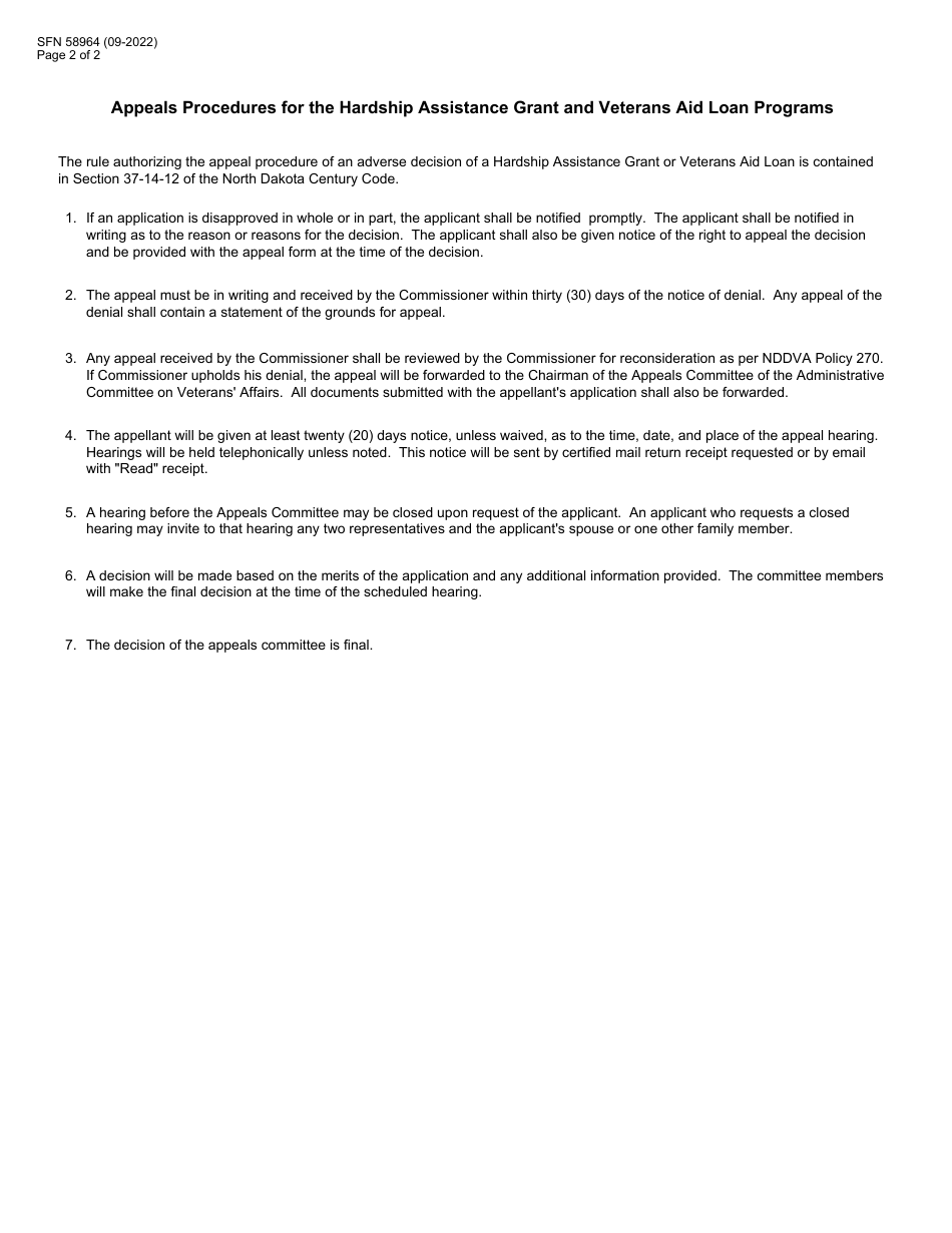 Form SFN58964 Applicant Appeal of Department Decision - North Dakota, Page 2