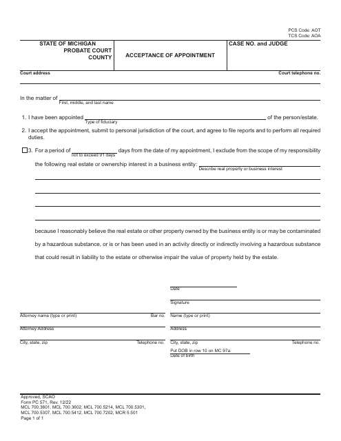 Form PC571 Acceptance of Appointment - Michigan