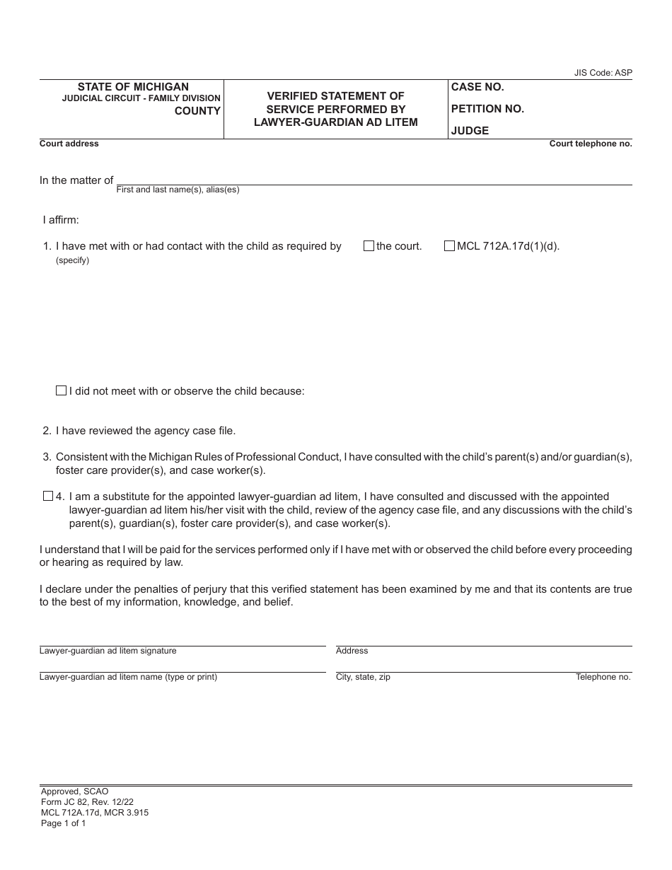Form JC82 Verified Statement of Service Performed by Lawyer-Guardian Ad Litem - Michigan, Page 1