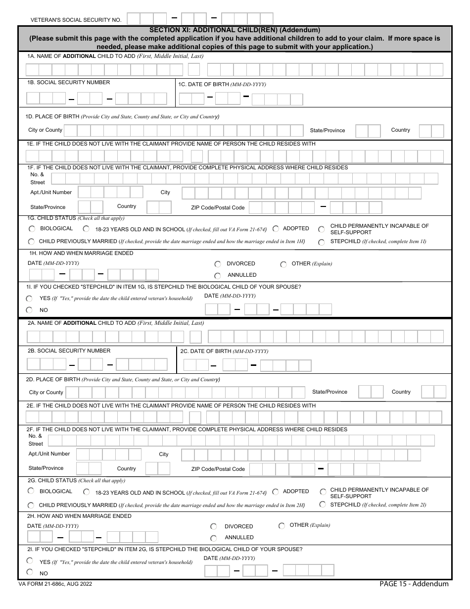 VA Form 21-686C Application Request to Add and / or Remove Dependents, Page 15