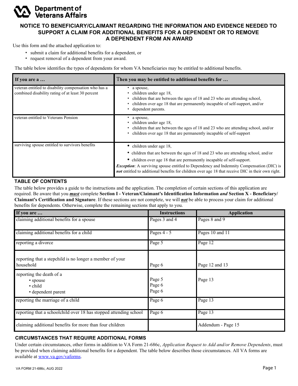 VA Form 21-686C Application Request to Add and / or Remove Dependents, Page 1