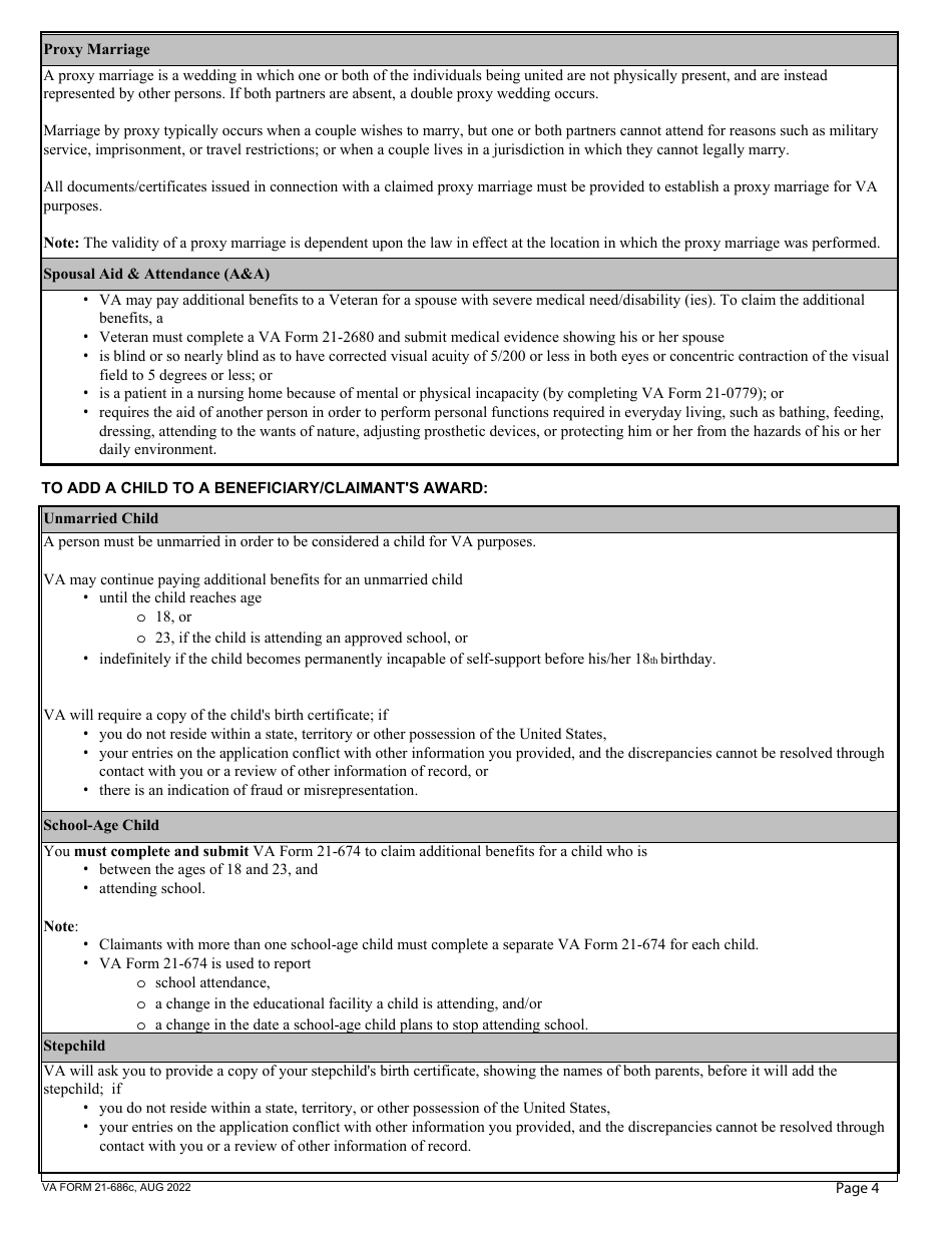 VA Form 21-686C Application Request to Add and / or Remove Dependents, Page 4