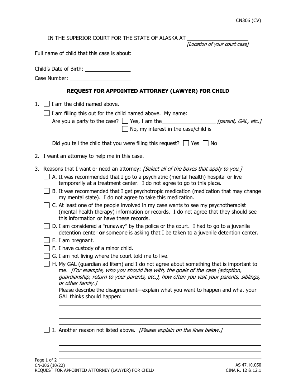 Form CN-306 Request for Appointed Attorney (Lawyer) for Child - Alaska, Page 1