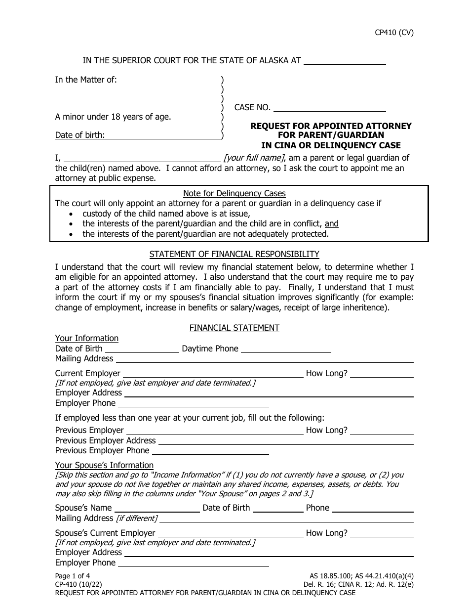 Form CP-410 Request for Appointed Attorney for Parent / Guardian in Cina or Delinquency Case - Alaska, Page 1