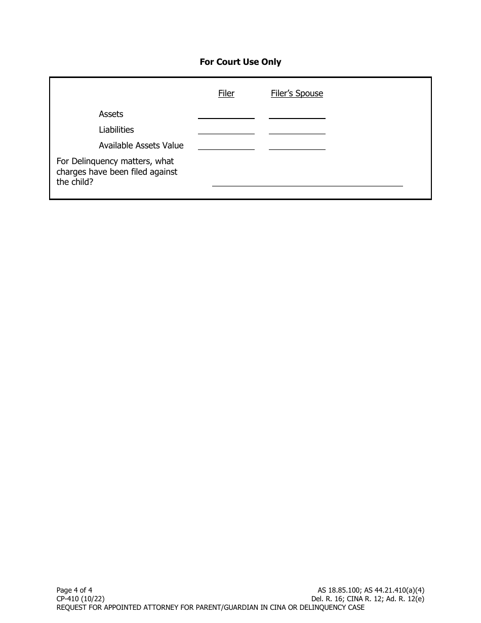 Form CP-410 Request for Appointed Attorney for Parent / Guardian in Cina or Delinquency Case - Alaska, Page 4