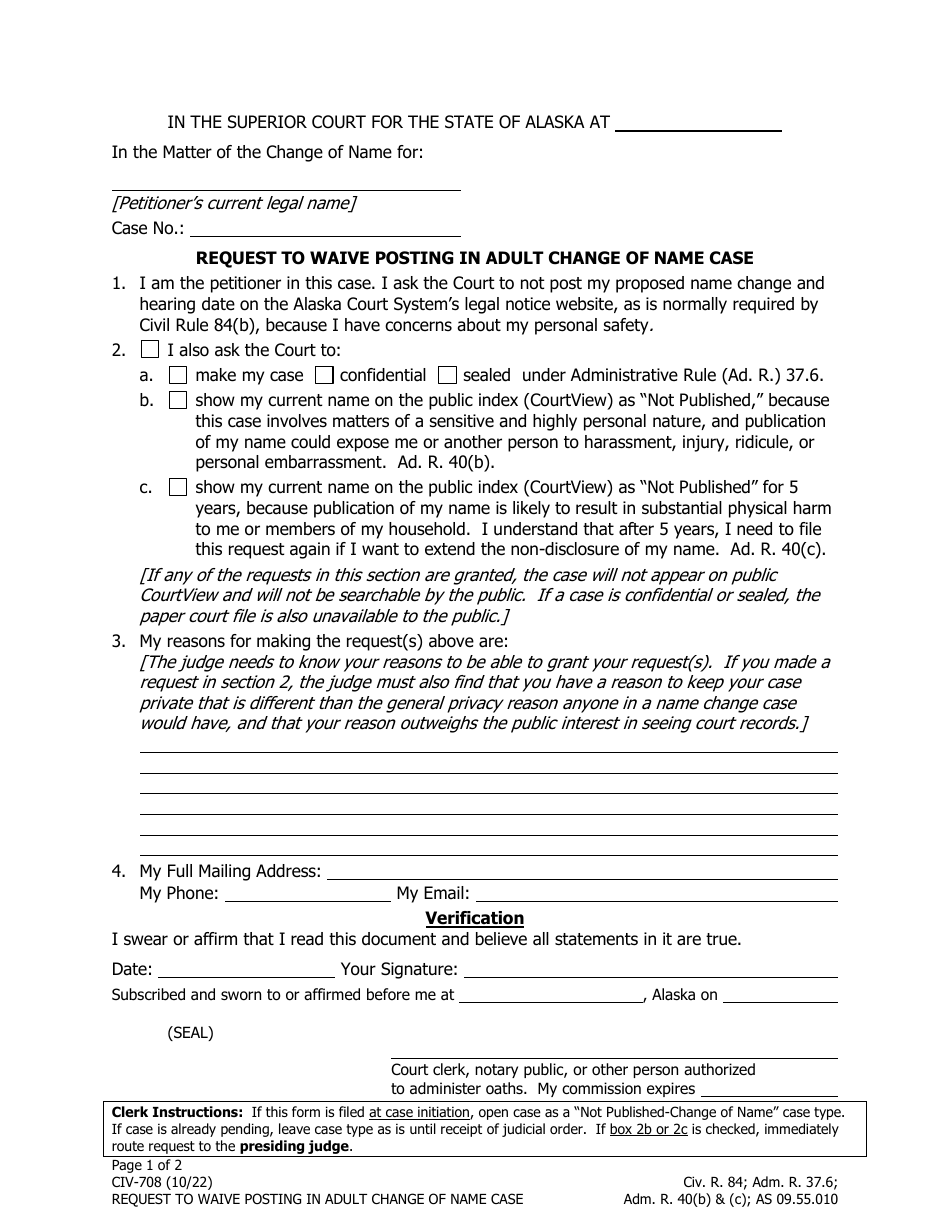 Form CIV-708 Request to Waive Posting in Adult Change of Name Case - Alaska, Page 1