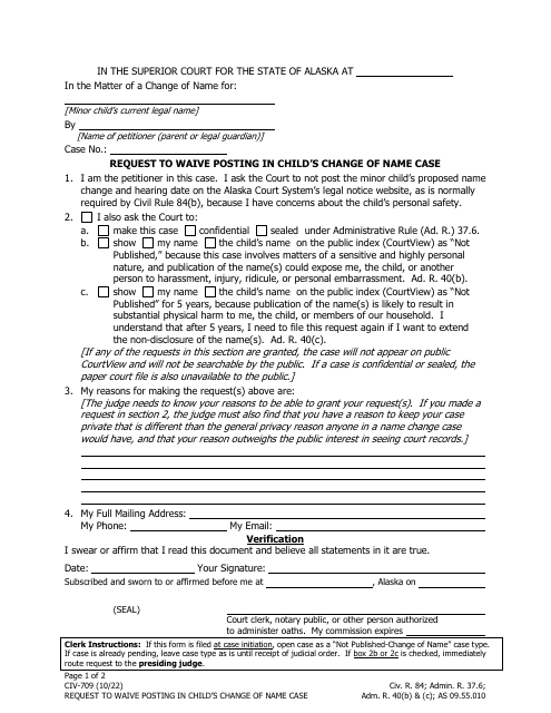 Form CIV-709 Request to Waive Posting in Child's Change of Name Case - Alaska
