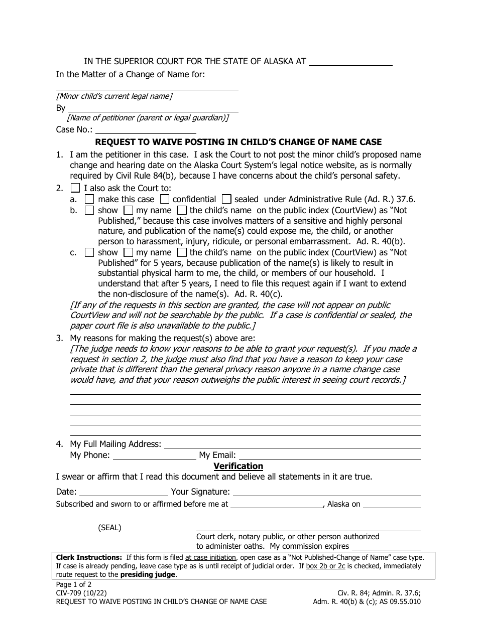 Form CIV-709 Request to Waive Posting in Childs Change of Name Case - Alaska, Page 1