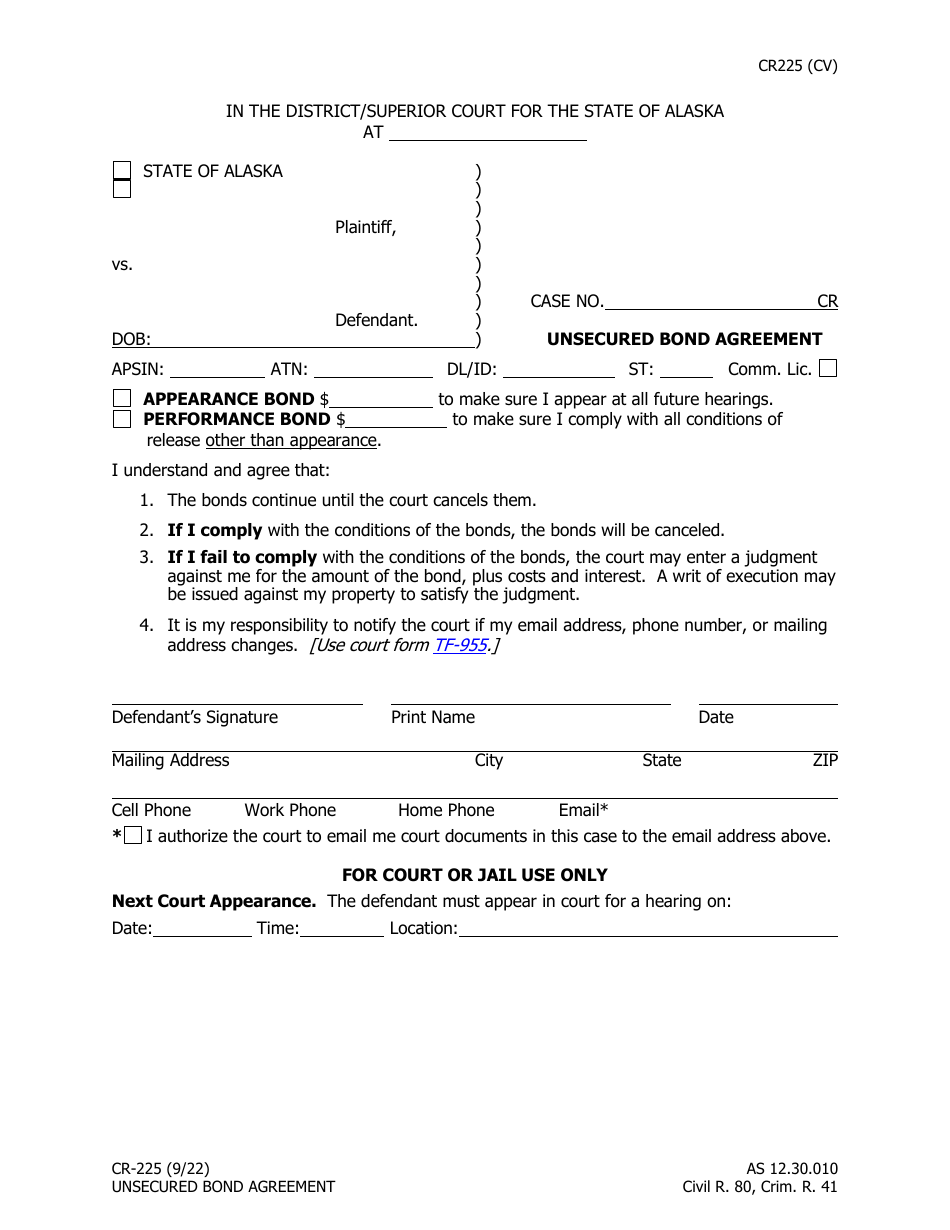 Form CR-225 Unsecured Bond Agreement - Alaska, Page 1