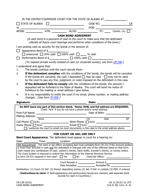 Form CR-230 Cash Bond Agreement - Alaska