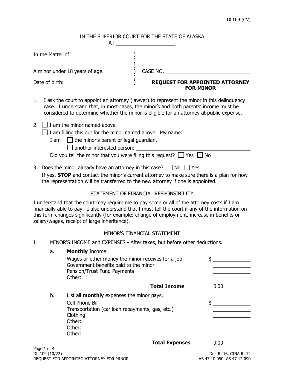 Form DL-109 Request for Appointed Attorney for Minor - Alaska, Page 1