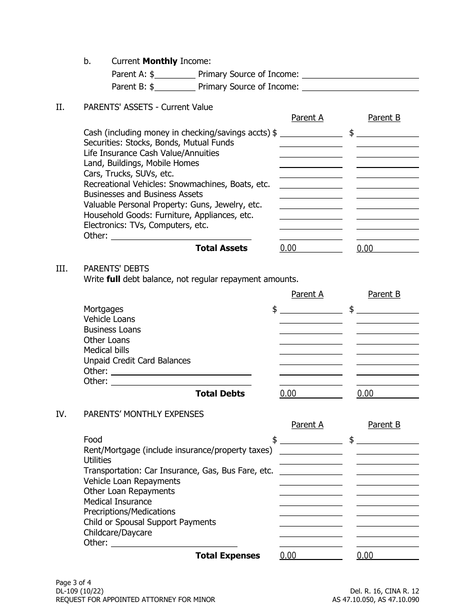 Form DL-109 Request for Appointed Attorney for Minor - Alaska, Page 3