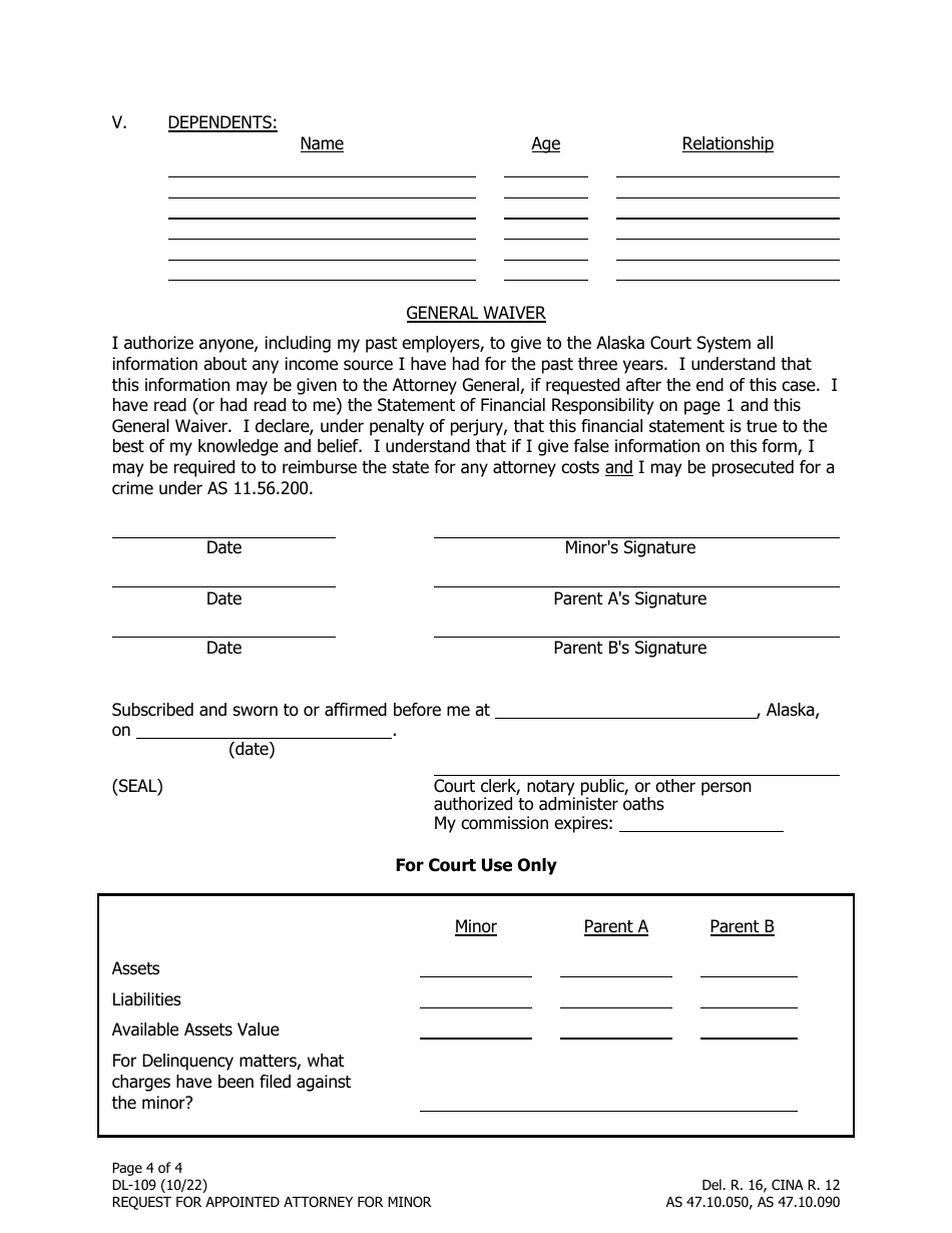 Form DL-109 Request for Appointed Attorney for Minor - Alaska, Page 4