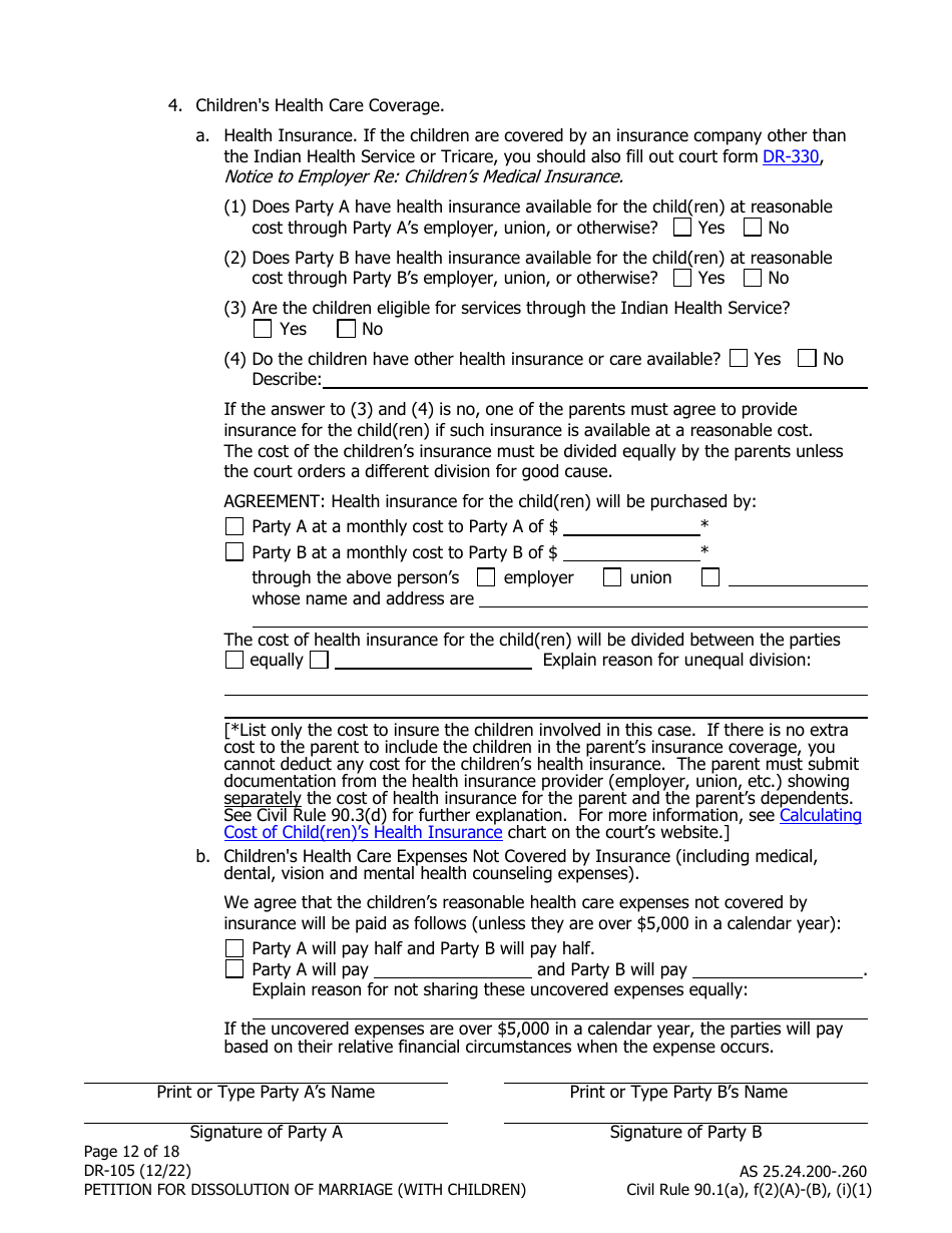 Form DR-105 Petition for Dissolution of Marriage (With Children) - Alaska, Page 12