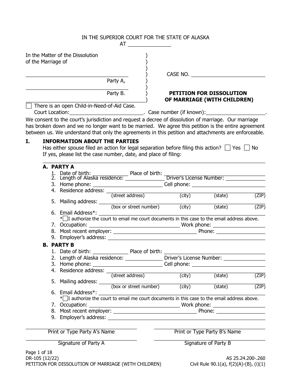 Form DR-105 Petition for Dissolution of Marriage (With Children) - Alaska, Page 1