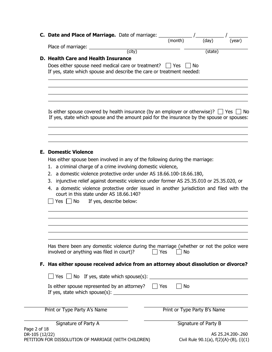 Form DR-105 Petition for Dissolution of Marriage (With Children) - Alaska, Page 2