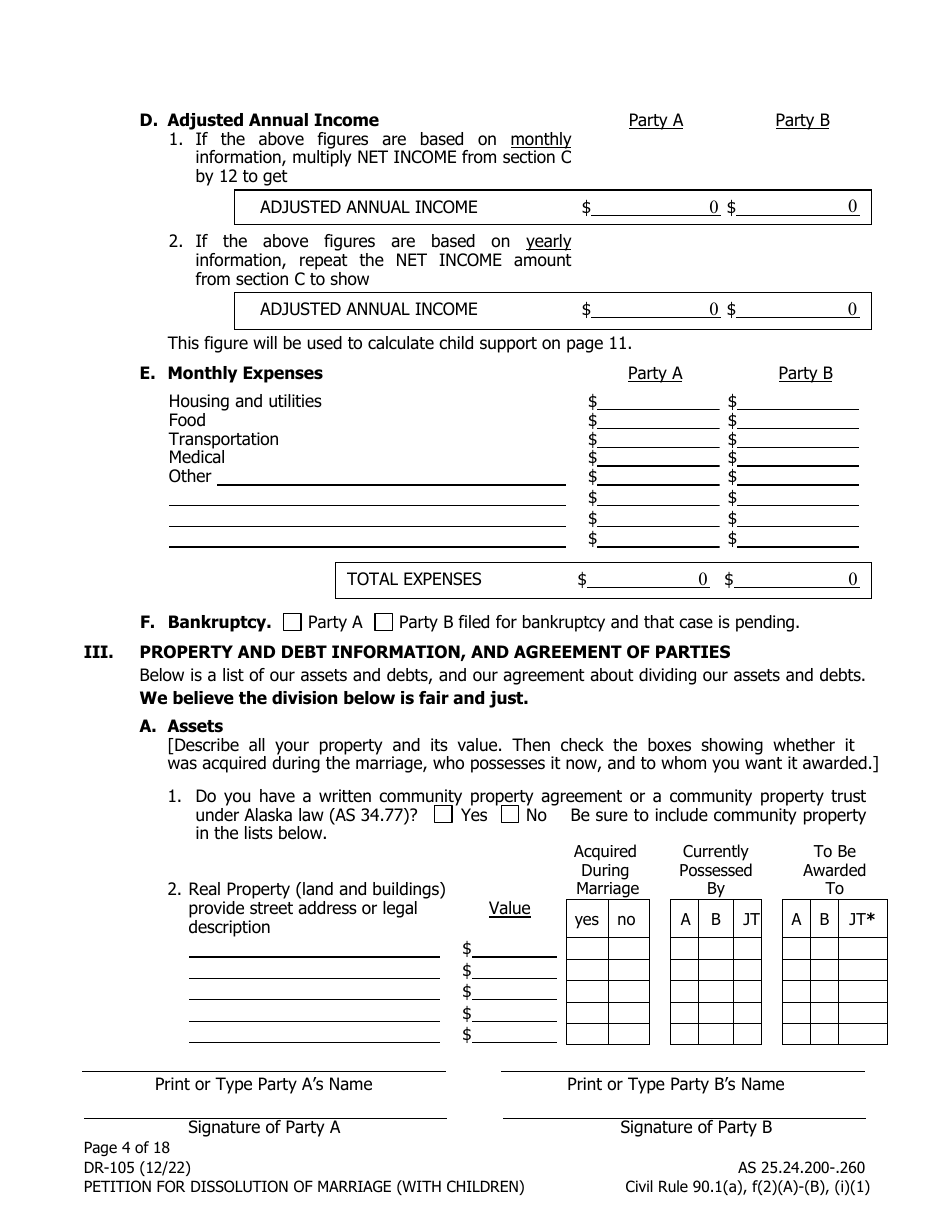 Form DR-105 Petition for Dissolution of Marriage (With Children) - Alaska, Page 4