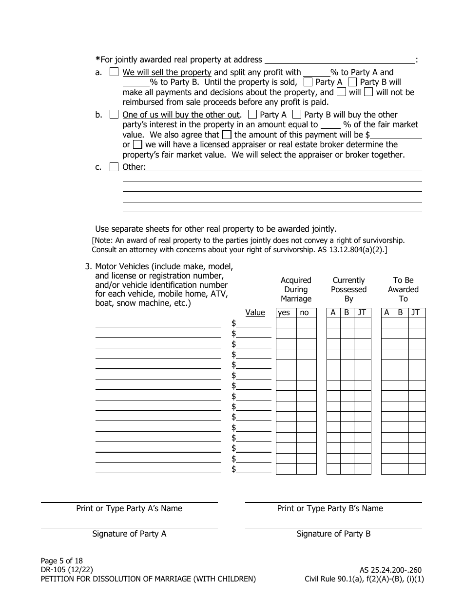 Form DR-105 Petition for Dissolution of Marriage (With Children) - Alaska, Page 5