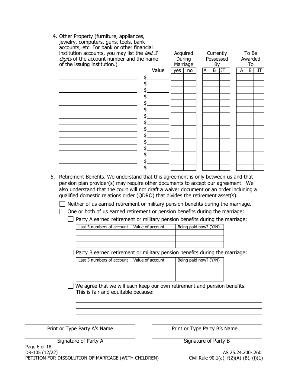 Form DR-105 Petition for Dissolution of Marriage (With Children) - Alaska, Page 6
