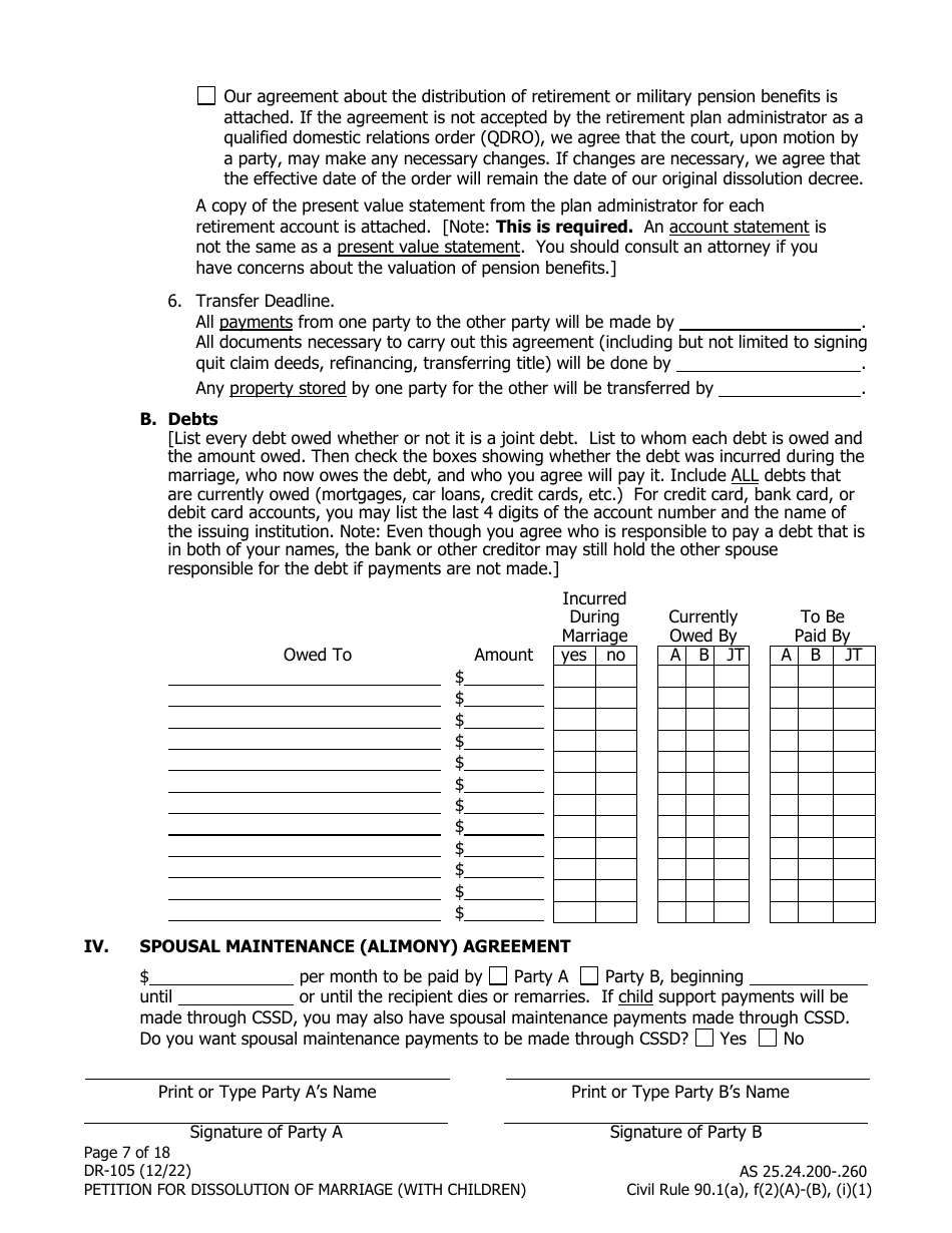Form DR-105 Petition for Dissolution of Marriage (With Children) - Alaska, Page 7