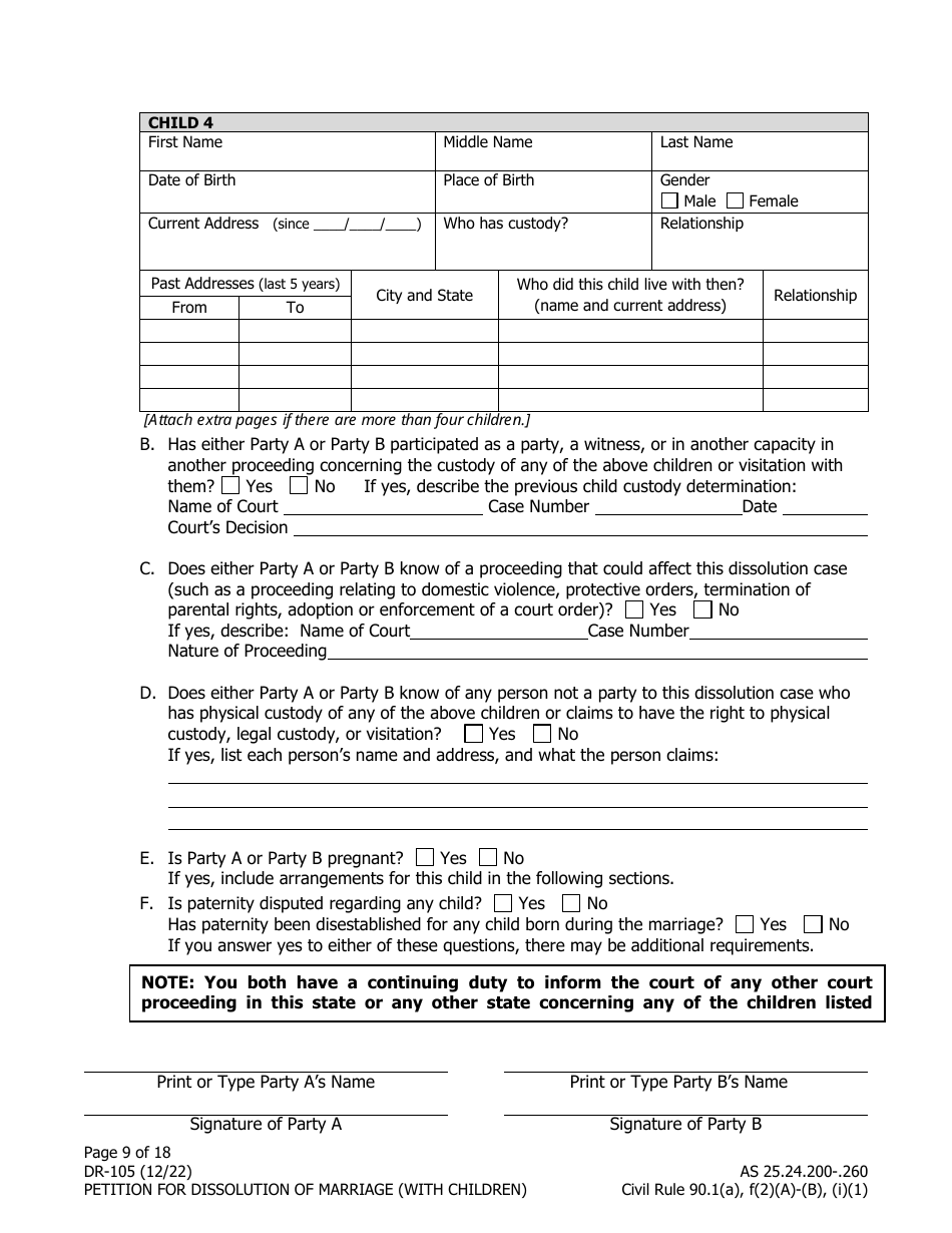 Form DR-105 Petition for Dissolution of Marriage (With Children) - Alaska, Page 9