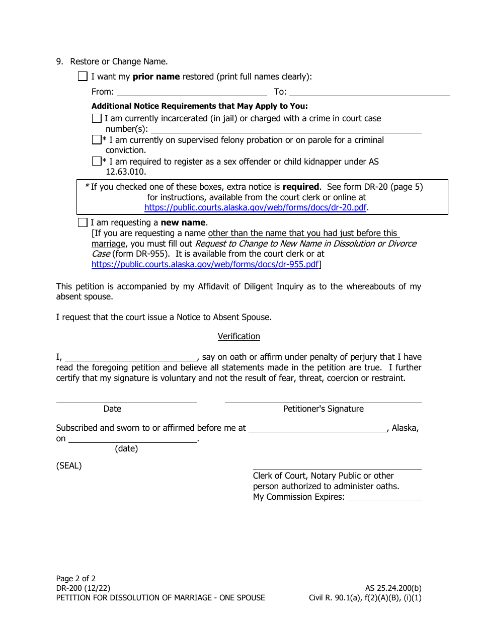 Form DR-200 Petition for Dissolution of Marriage: One Spouse - Alaska, Page 2
