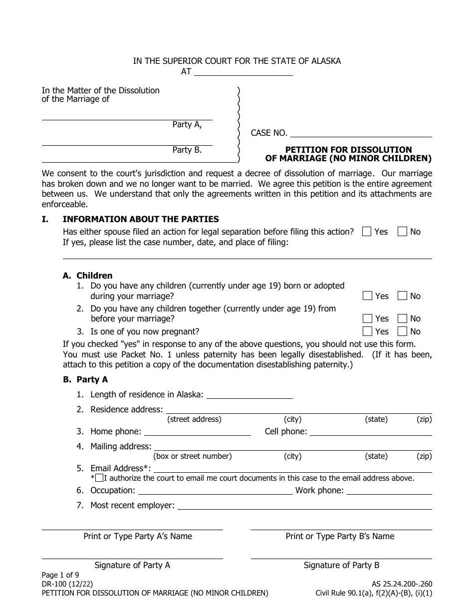 Form DR-100 Petition for Dissolution of Marriage (No Minor Children) - Alaska, Page 1