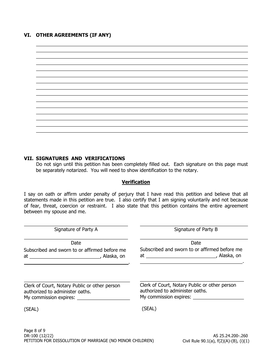 Form DR-100 Petition for Dissolution of Marriage (No Minor Children) - Alaska, Page 8