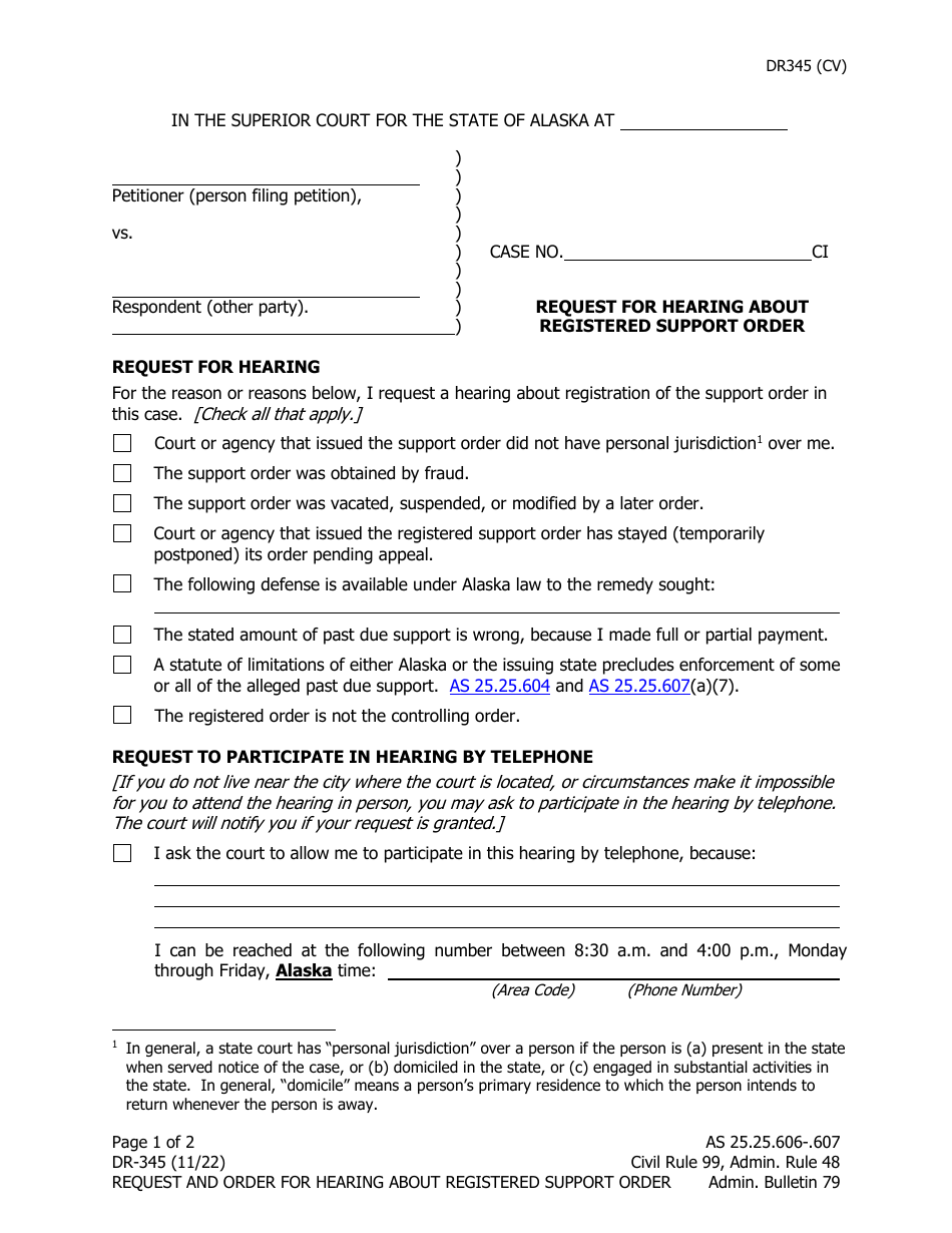 Form DR-345 Request for Hearing About Registered Support Order - Alaska, Page 1
