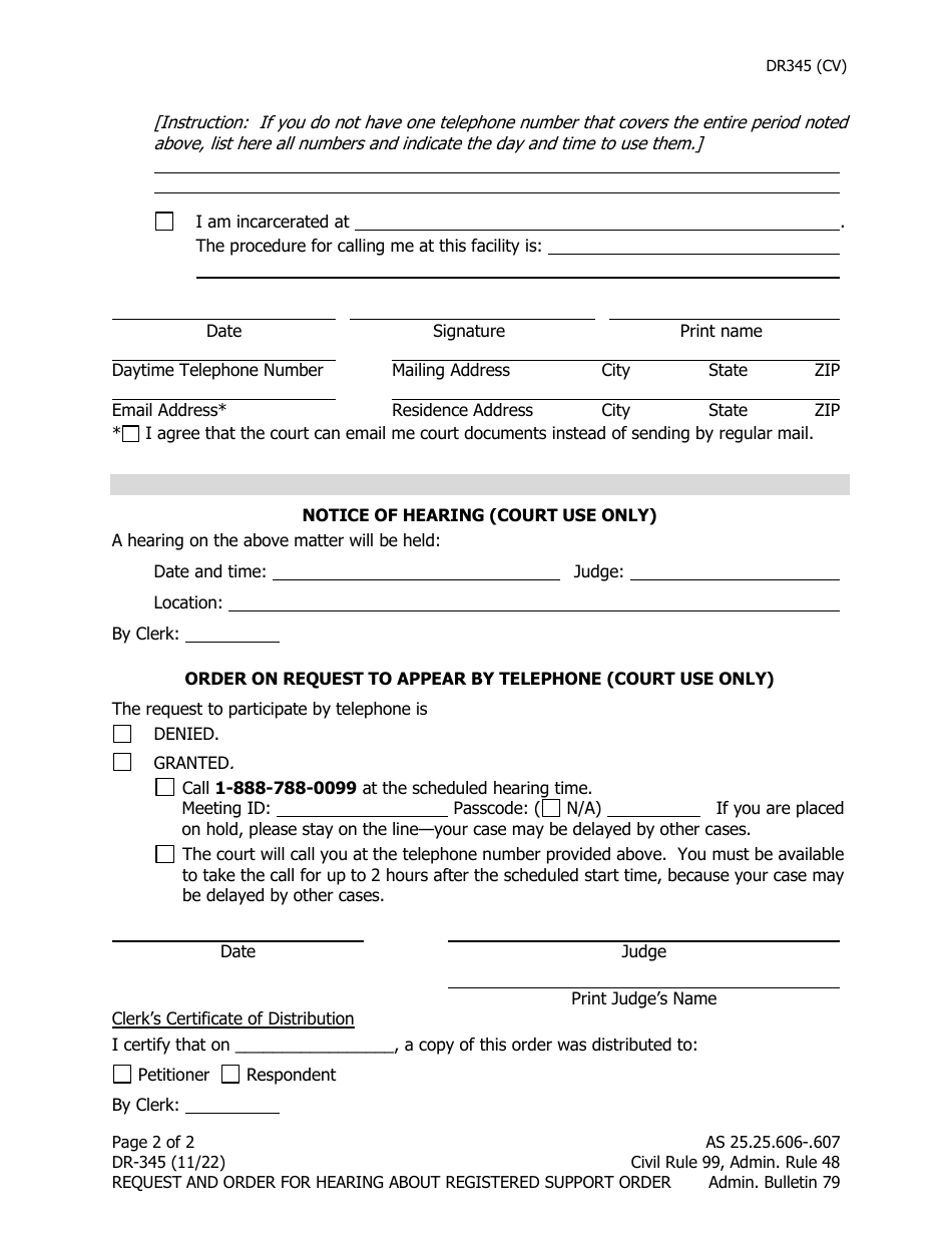 Form DR-345 Request for Hearing About Registered Support Order - Alaska, Page 2