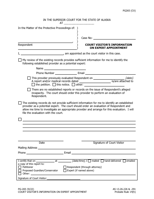 Form PG-265 Court Visitor's Information on Expert Appointment - Alaska