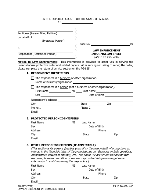Form PG-827 Law Enforcement Information Sheet - Alaska