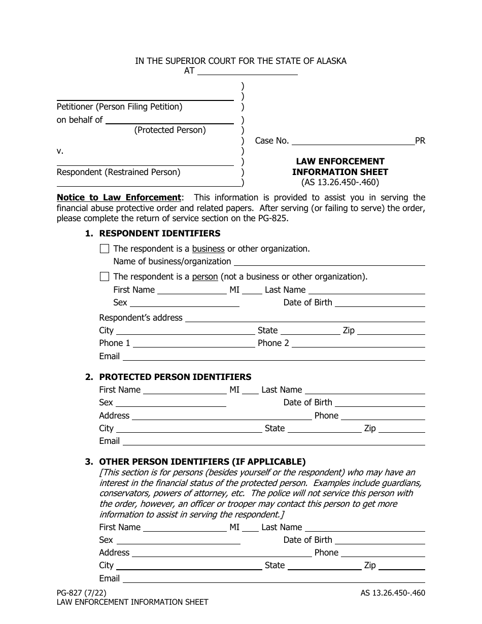 Form PG-827 Law Enforcement Information Sheet - Alaska, Page 1